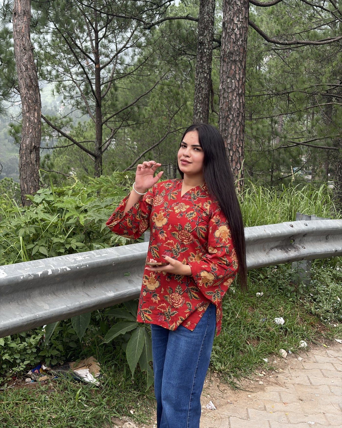 Red Floral Print Straight Kurti